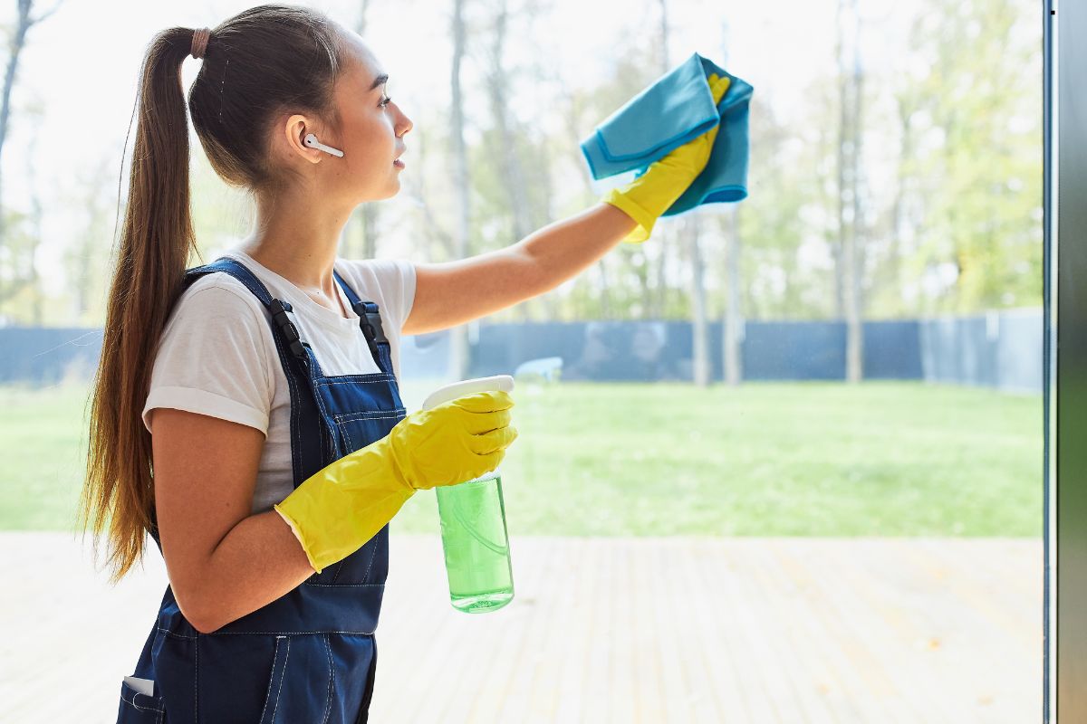 A woman in overalls and rubber gloves meticulously cleans a glass door as part of a professional window cleaning service.