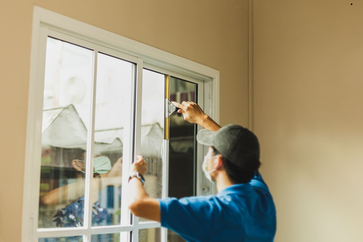 A man applies white paint to a window as part of a window cleaning service, ensuring a fresh and polished appearance.