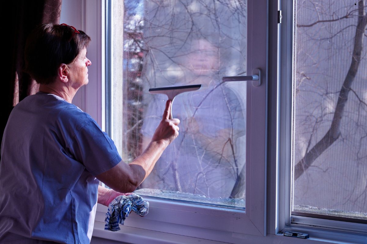 A woman using a window cleaner to clean a window, representing a professional window cleaning service.