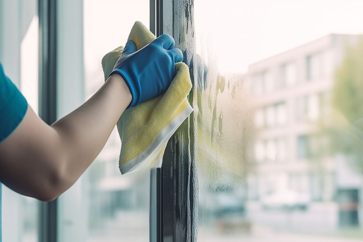 A person using a rag to clean a large window, focusing on removing dirt and streaks for a clear view.