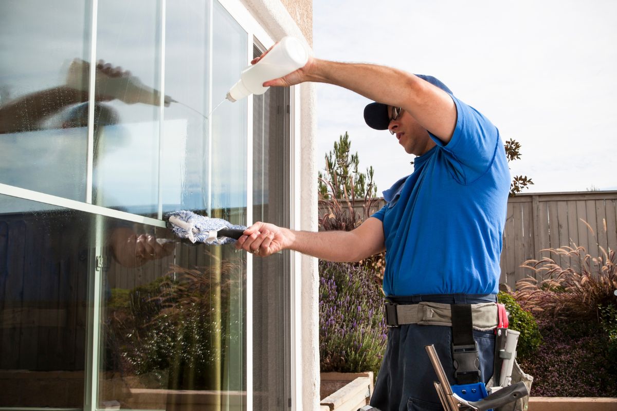 A man wearing a blue shirt and blue jeans cleans a window with a cloth, focusing on the glass surface.