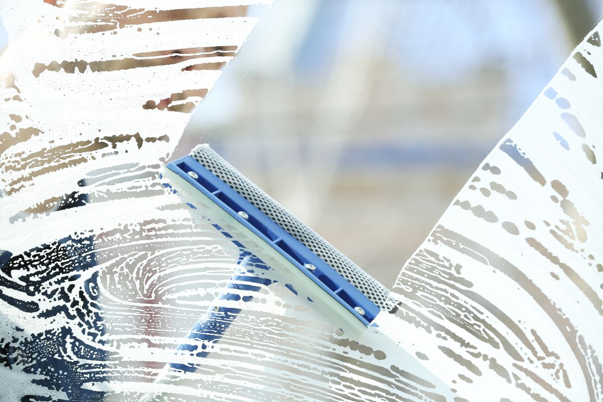 A person cleaning a window with a razor, focusing on removing dirt and grime for a clear view.